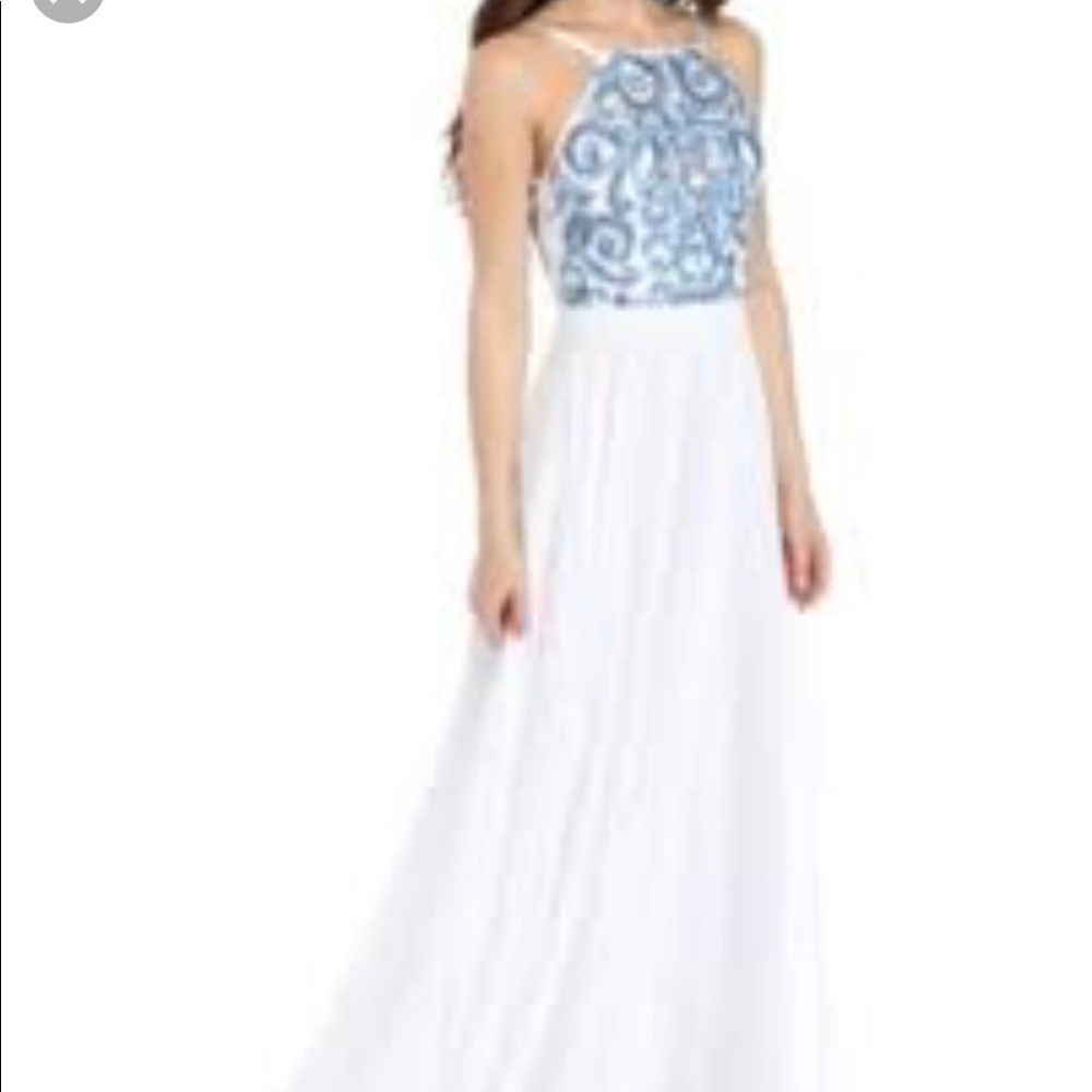Xscape White and Blue Embroidered Dress